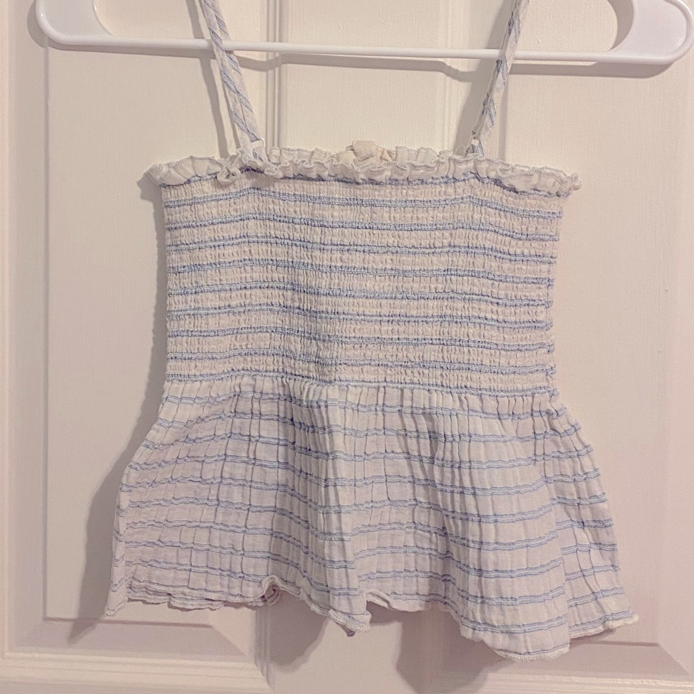 Blue and White Ruffled&Cinched strap crop top